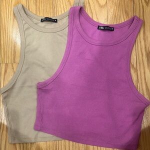 Zara Cream and Purple Fitted Crop Tank Tops (2 Together)